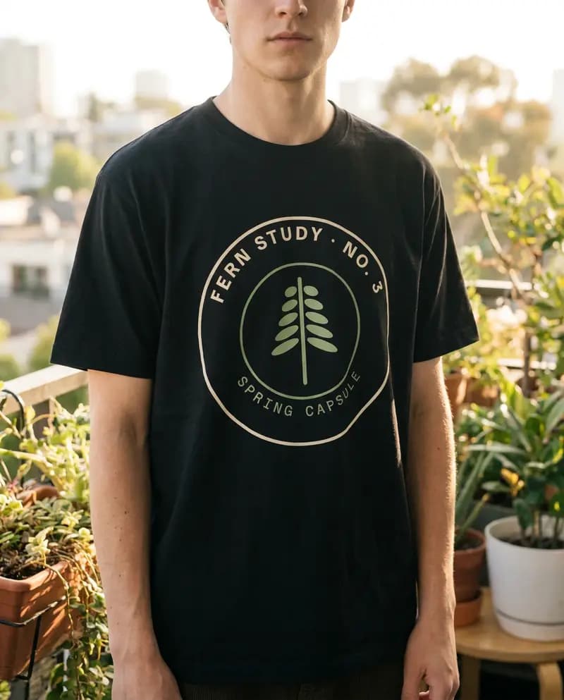 A model on a balcony wearing the black Fern Study No. 3 tee